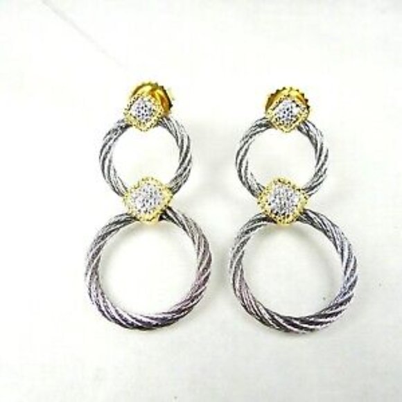 ALOR 18K Gold Stainless Steel Classique Diamond Pave Double Hoop Drop Earrings - Picture 4 of 10